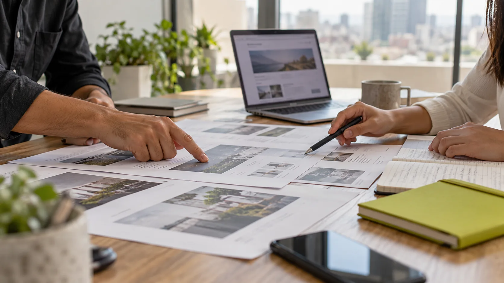 Dos profesionales revisan páginas impresas de una web empresarial y toman notas durante un diagnóstico