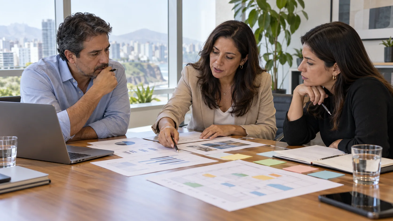 Tres profesionales revisan documentos de diagnóstico y prioridades de marketing en una mesa de trabajo