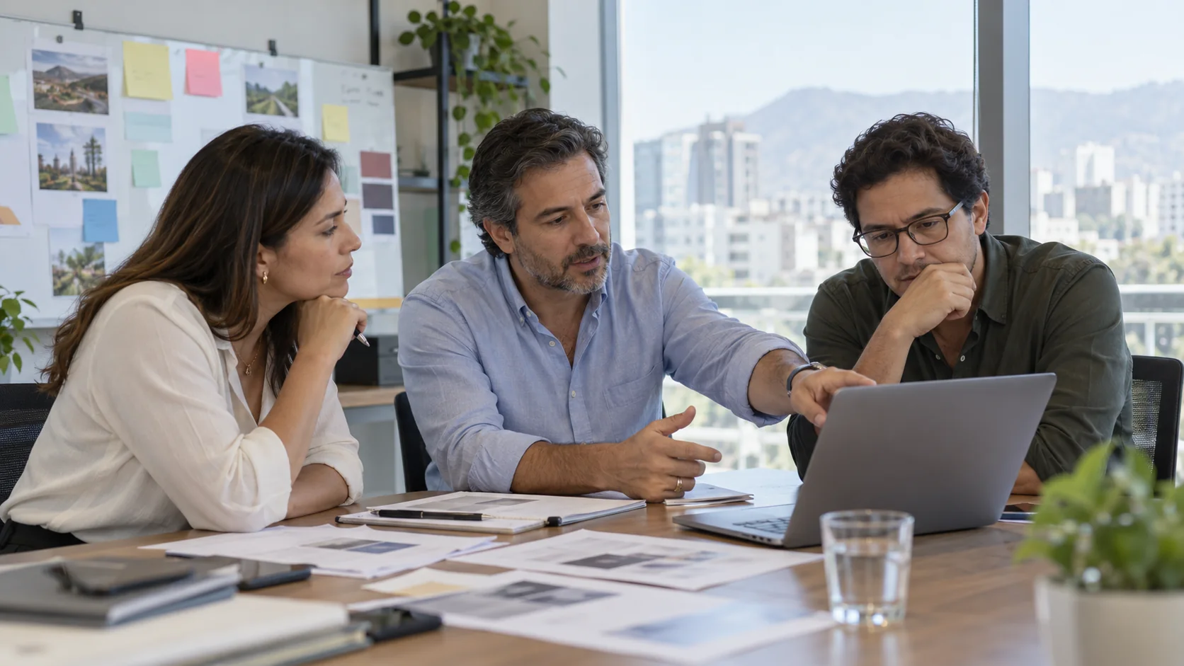 Consultor de marketing revisa prioridades de trabajo en una laptop junto a dos líderes de una empresa