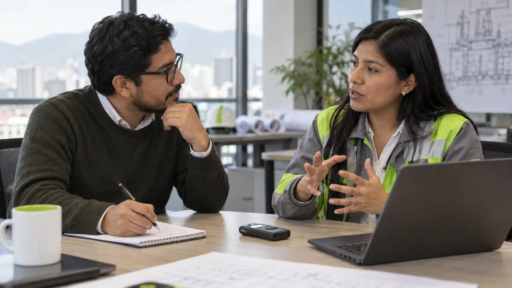 Consultor conversa con una especialista técnica en una oficina mientras toma notas para un artículo