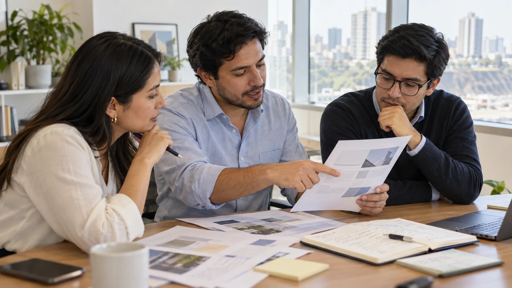 Tres profesionales revisan una propuesta de servicios impresa durante una reunión de trabajo