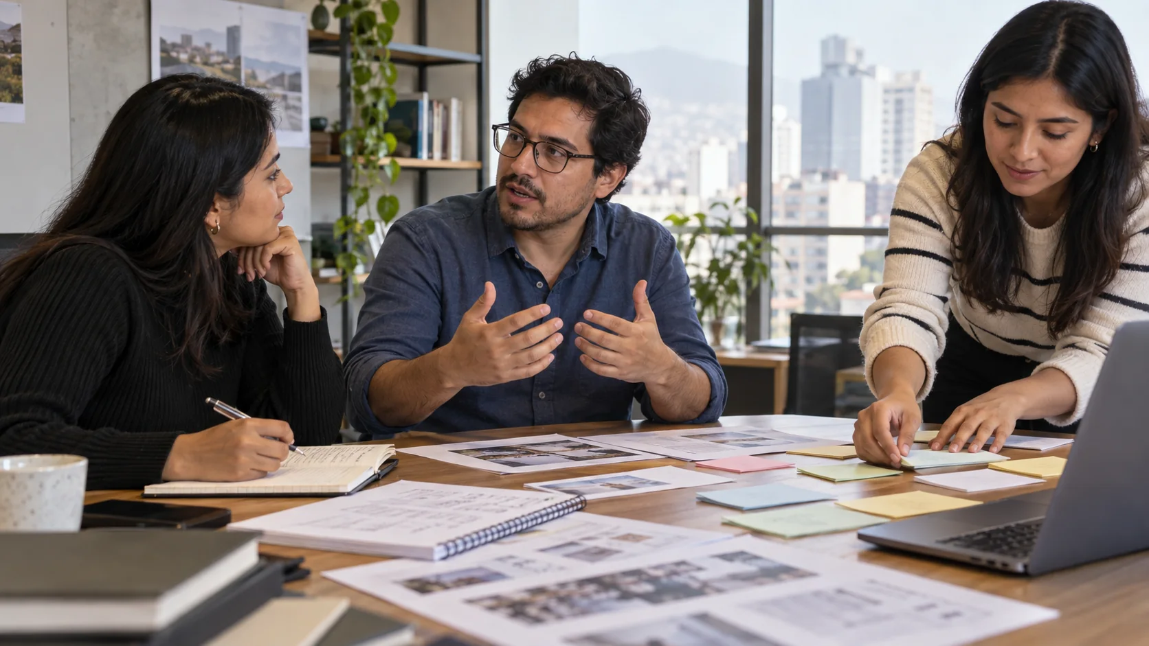 Una especialista entrevista a un integrante del equipo mientras otra persona organiza temas y materiales sobre una mesa